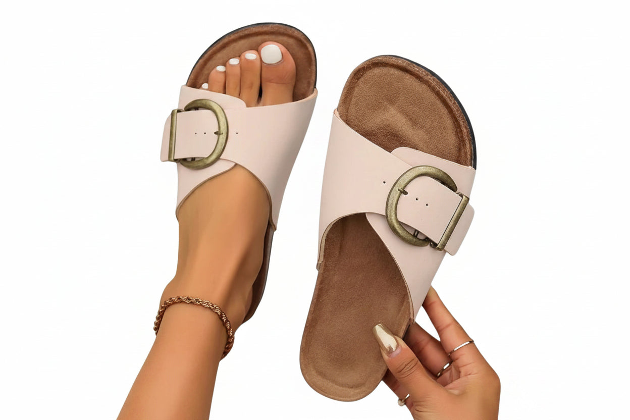 Adjustable comfort sandals in beige with wide strap and round metal buckle
