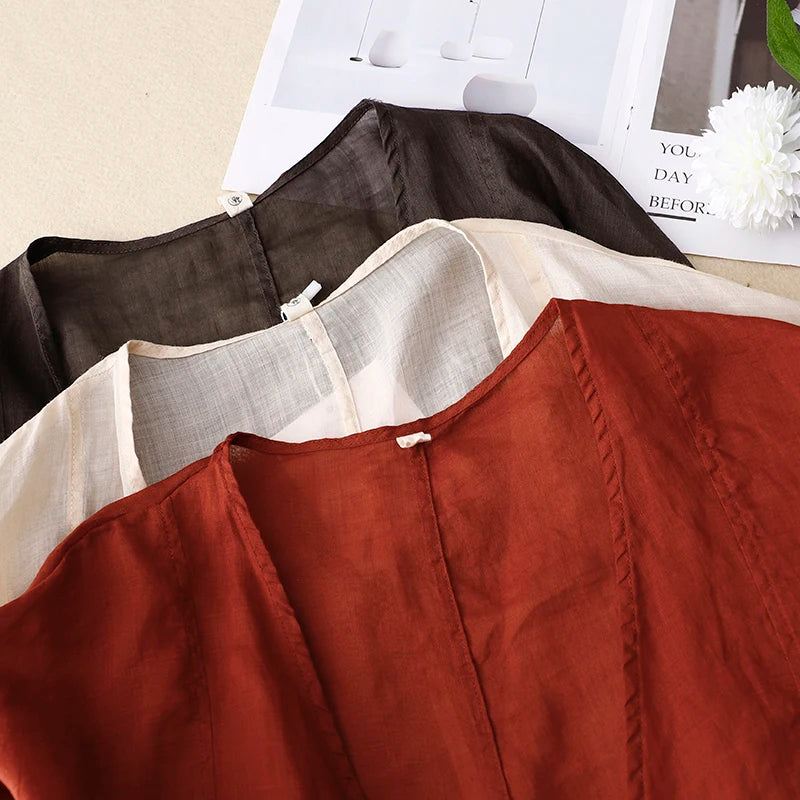 Red and brown cotton wrap tops with V-neck and waist tie details
