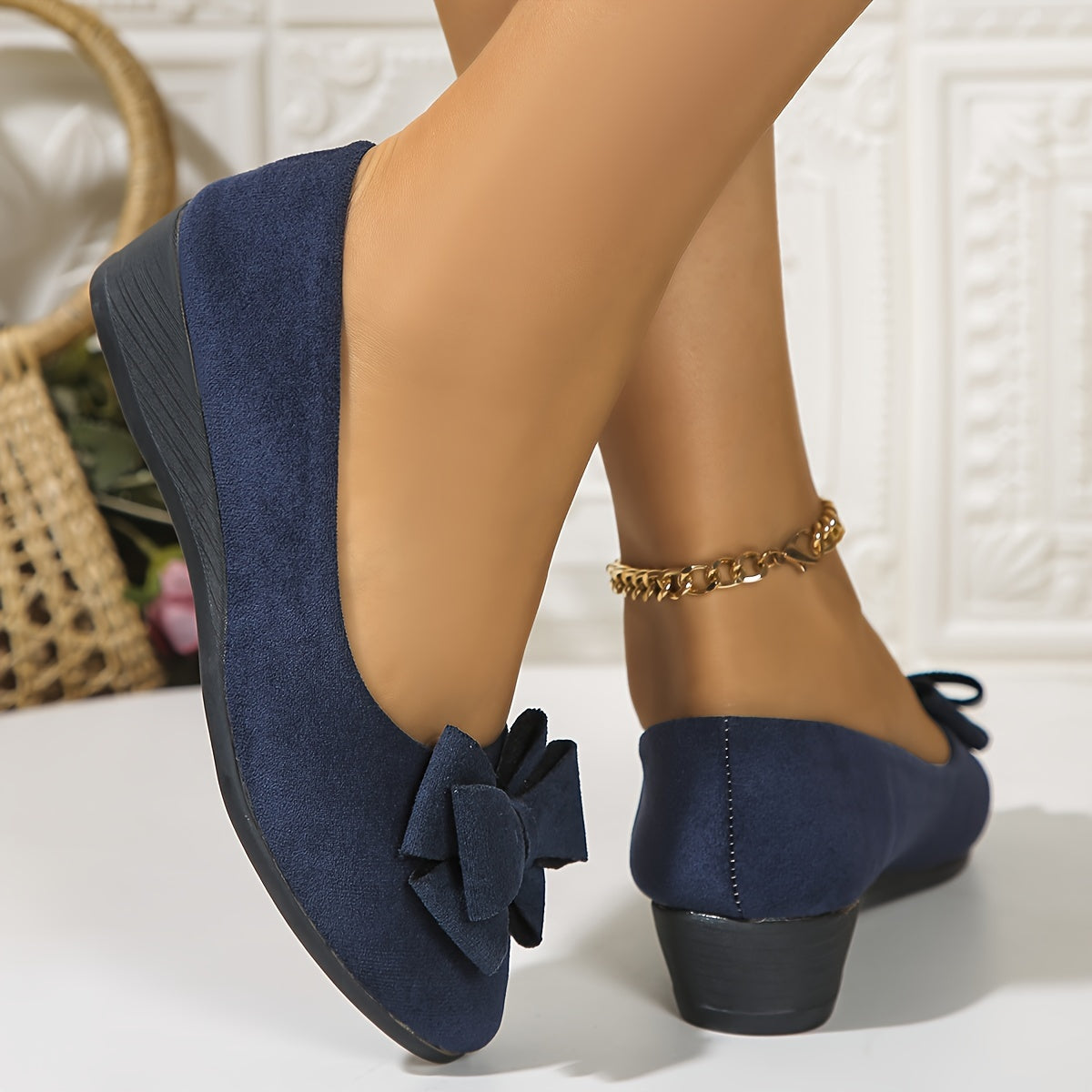 Navy comfort ballerina flats with bow and low block heel