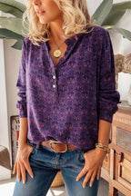 Amaya purple vintage print henley blouse with button placket and long sleeves