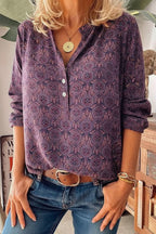 Amaya purple vintage print henley blouse with button front and 3/4 sleeves