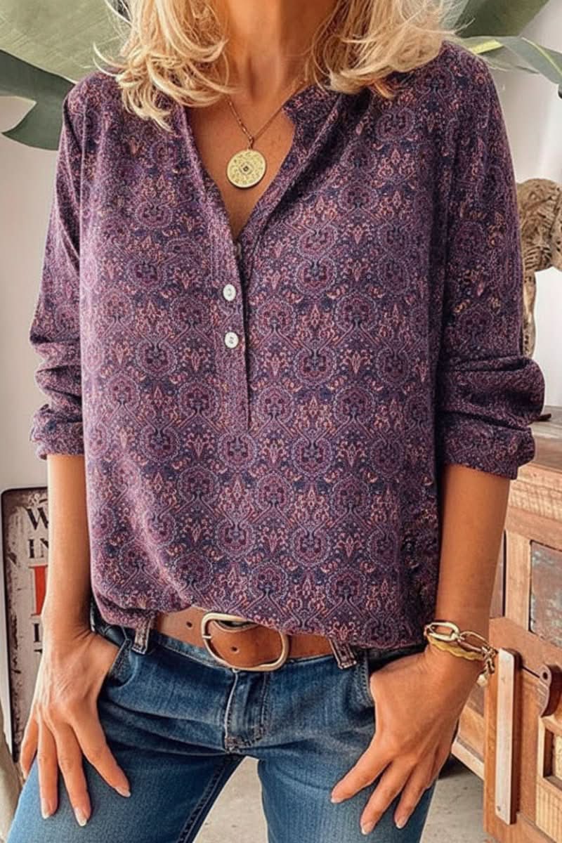 Amaya purple vintage print henley blouse with button front and 3/4 sleeves