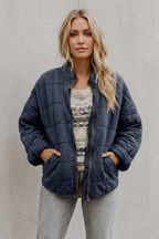 Navy quilted women’s jacket with front zipper and stand collar, side pockets.