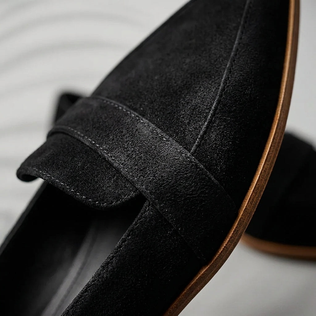 Aurelia black suede loafers, strap across vamp and textured finish