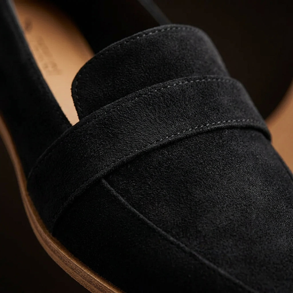 Aurelia black suede loafers close-up of strap and stitched seam