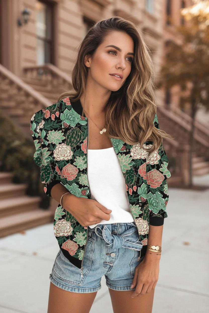 Women’s zip-up jacket with dark floral print on green base, full sleeves.
