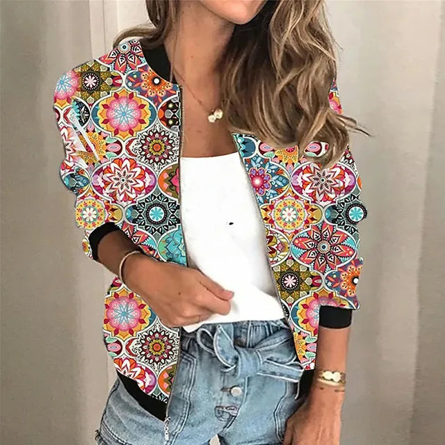 Women’s zip-up jacket with multicolor paisley print on bright base, full sleeves.