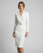 White V-neck midi dress with long sleeves and square-buckle belt.