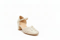 Beige woven-leather block-heel mary jane flats with ankle strap and buckle