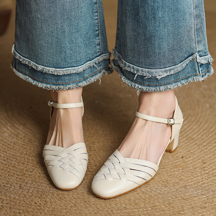Beige leather mary jane heels with braided uppers and ankle strap buckle
