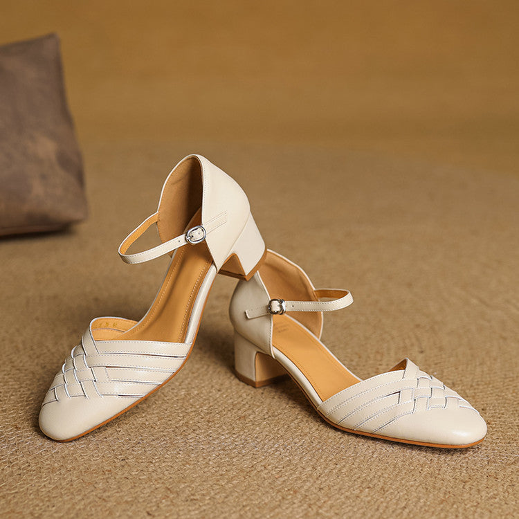 Beige leather two-strap heels with buckle ankle strap and block heel