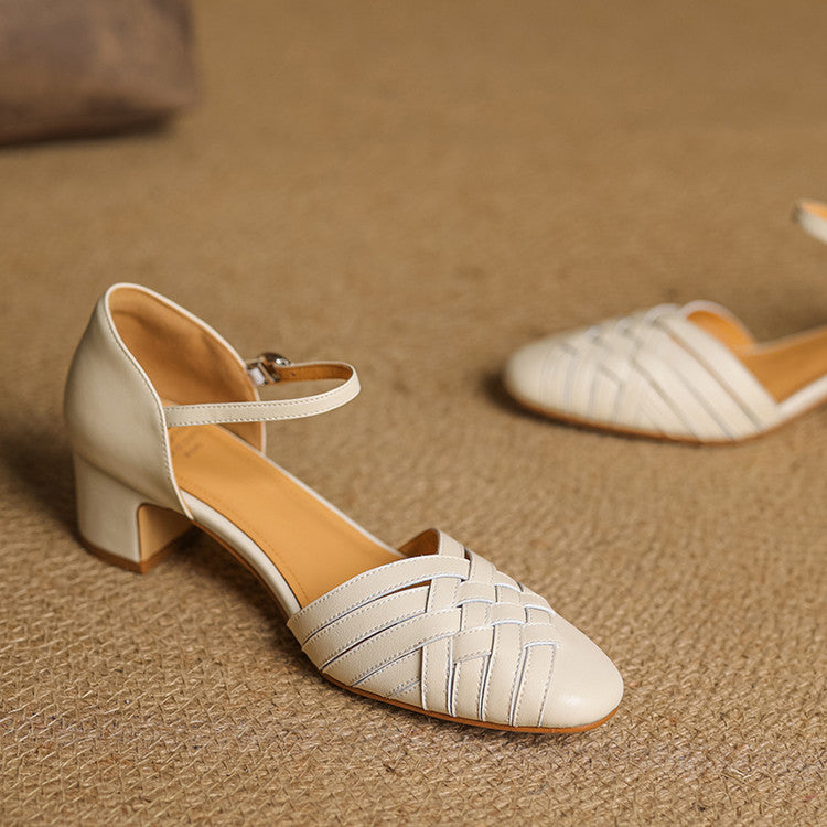 Beige leather mary jane heels with woven detail and ankle strap with buckle