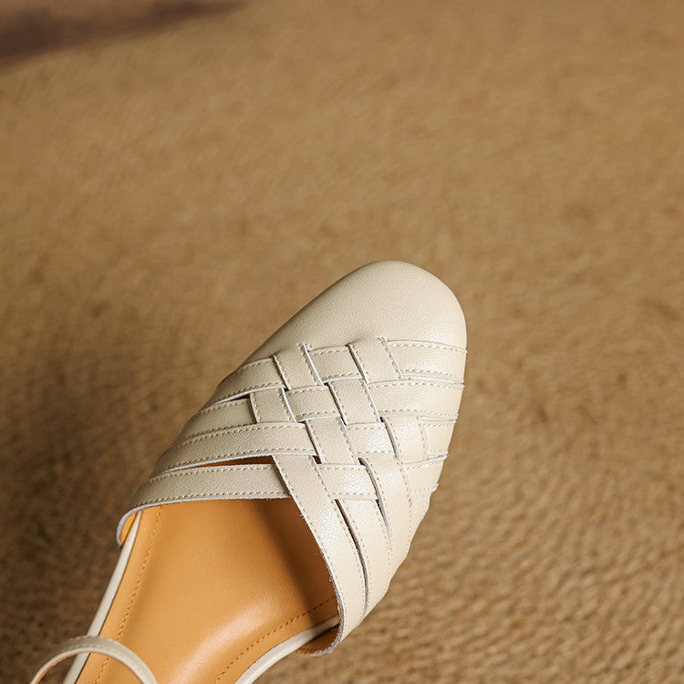 Beige leather mary jane heel with woven square toe and ankle strap