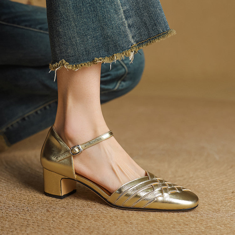 Gold metallic leather mary jane heels with ankle strap and buckle