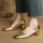 Gold metallic leather slingback heels with ankle strap and block heel