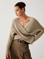 Khaki oversized V-neck knit sweater, crossover front, long sleeves