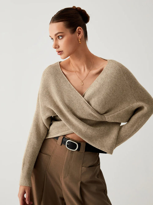 Khaki oversized V-neck knit sweater, crossover front, long sleeves