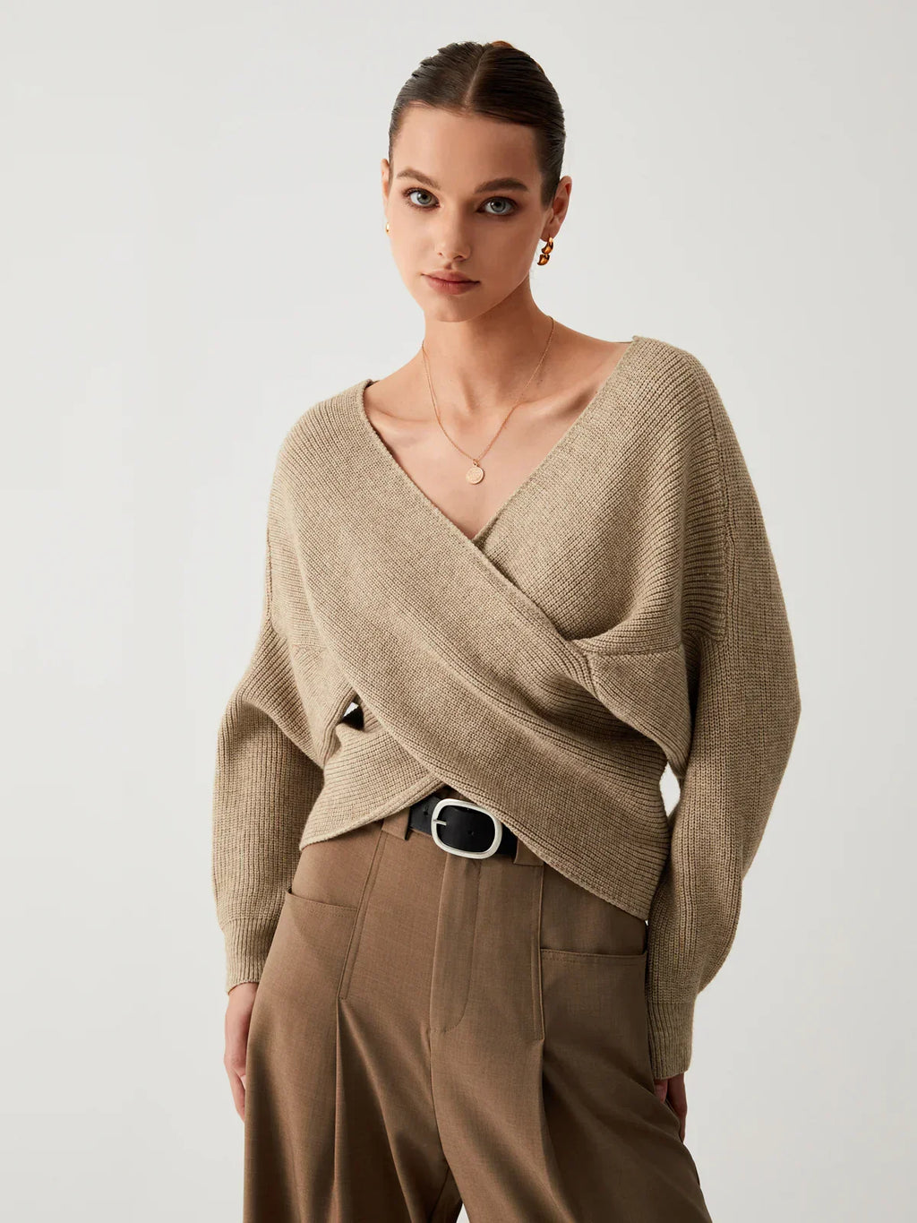 Khaki oversized V-neck knit sweater with long sleeves and crossover front