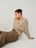 Khaki oversized V-neck knit sweater, long sleeves, crossover front