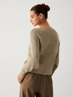 Khaki oversized V-neck knit sweater, back view, ribbed knit long sleeves