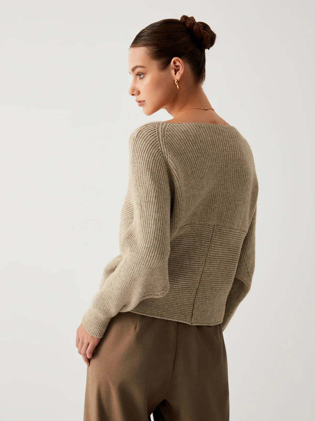 Khaki oversized V-neck knit sweater, back view, ribbed knit long sleeves
