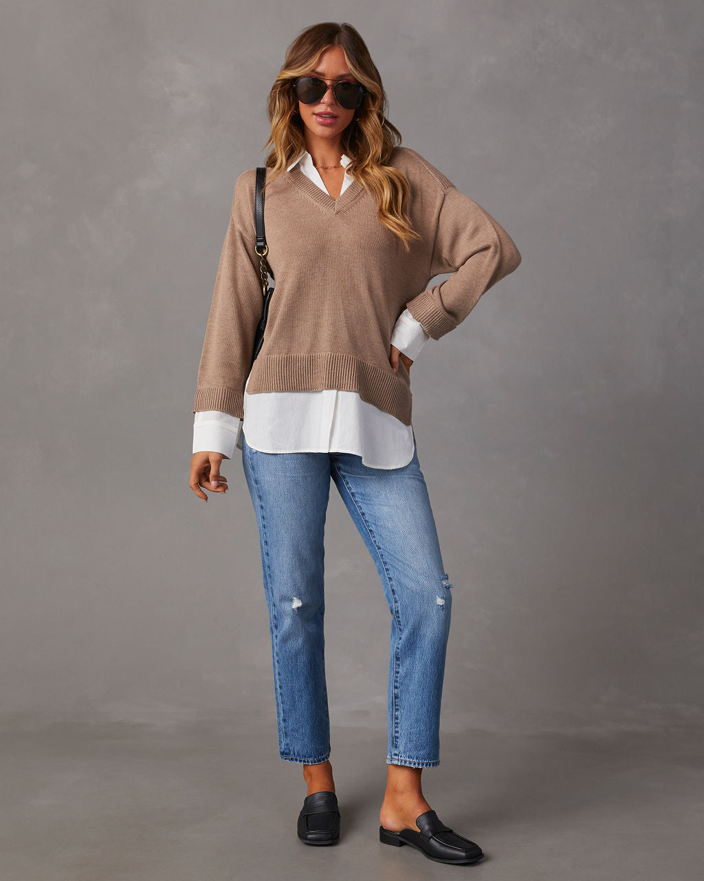 Camel V-neck pullover sweater with white contrast shirt hem and collar