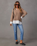 Camel V-neck pullover sweater with white contrast shirt hem and collar