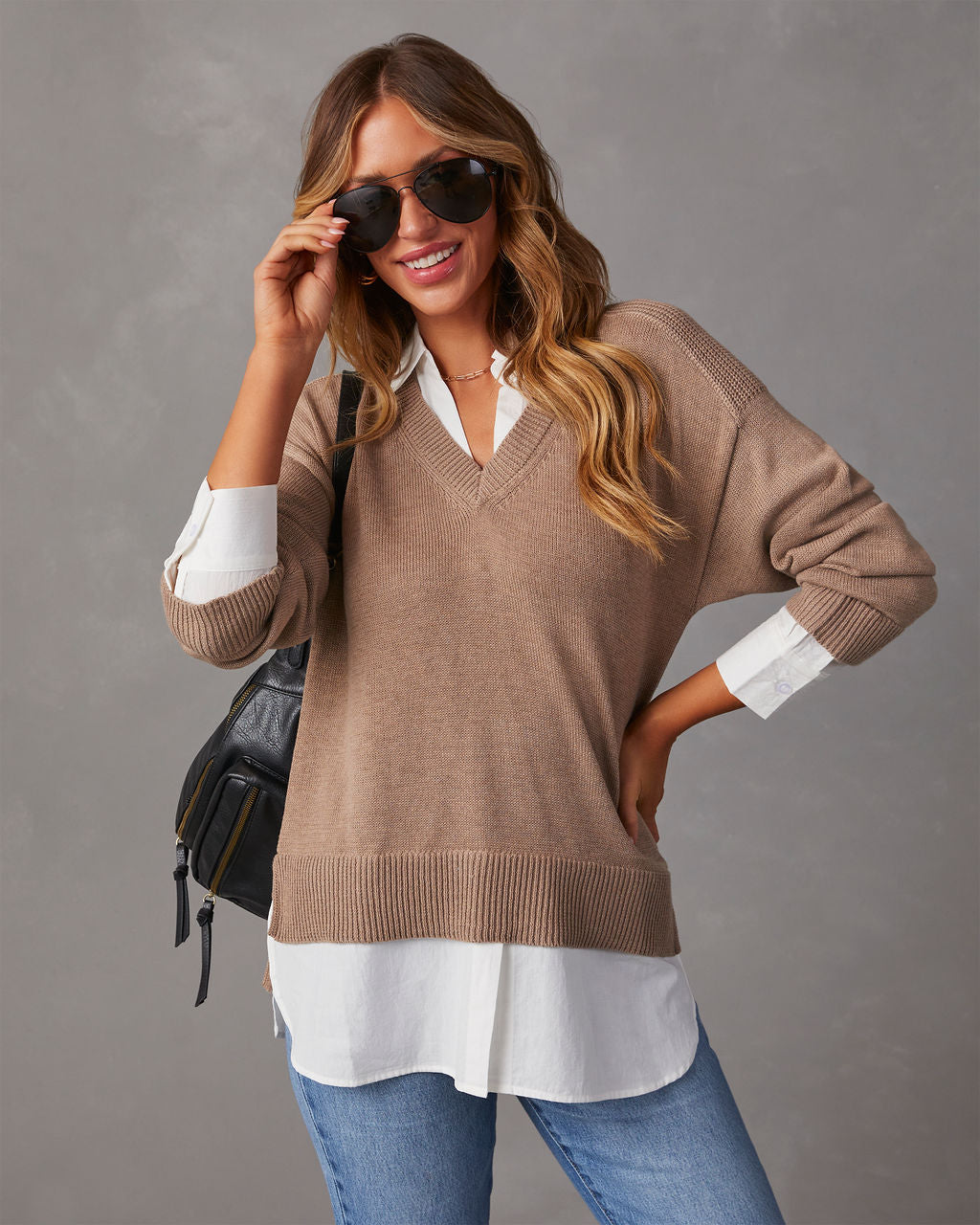 Camel V-neck contrast pullover sweater with white poplin shirt hem and cuffs