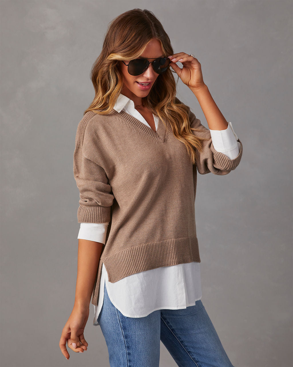 Camel V-neck pullover sweater with white contrast poplin hem and cuffs; knit
