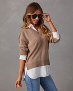 Camel V-neck pullover sweater with white contrast poplin hem and cuffs; knit