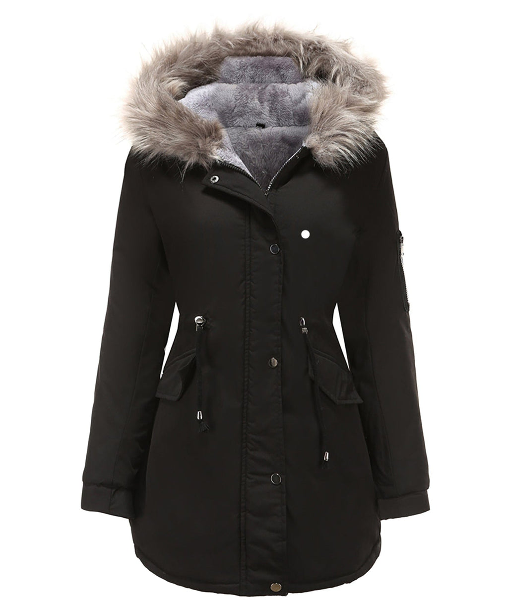 Women’s parka coat in black with faux fur trimmed hood, zip pocket, and snap buttons