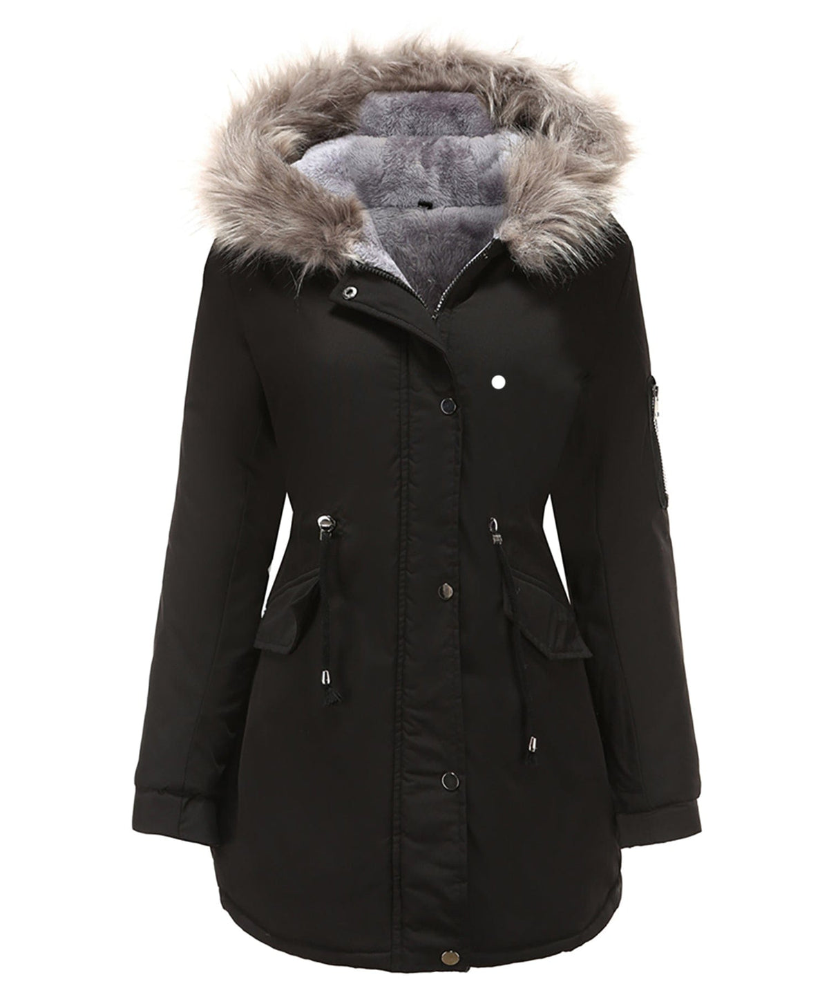 Women’s parka coat in black with faux fur trimmed hood, zip pocket, and snap buttons