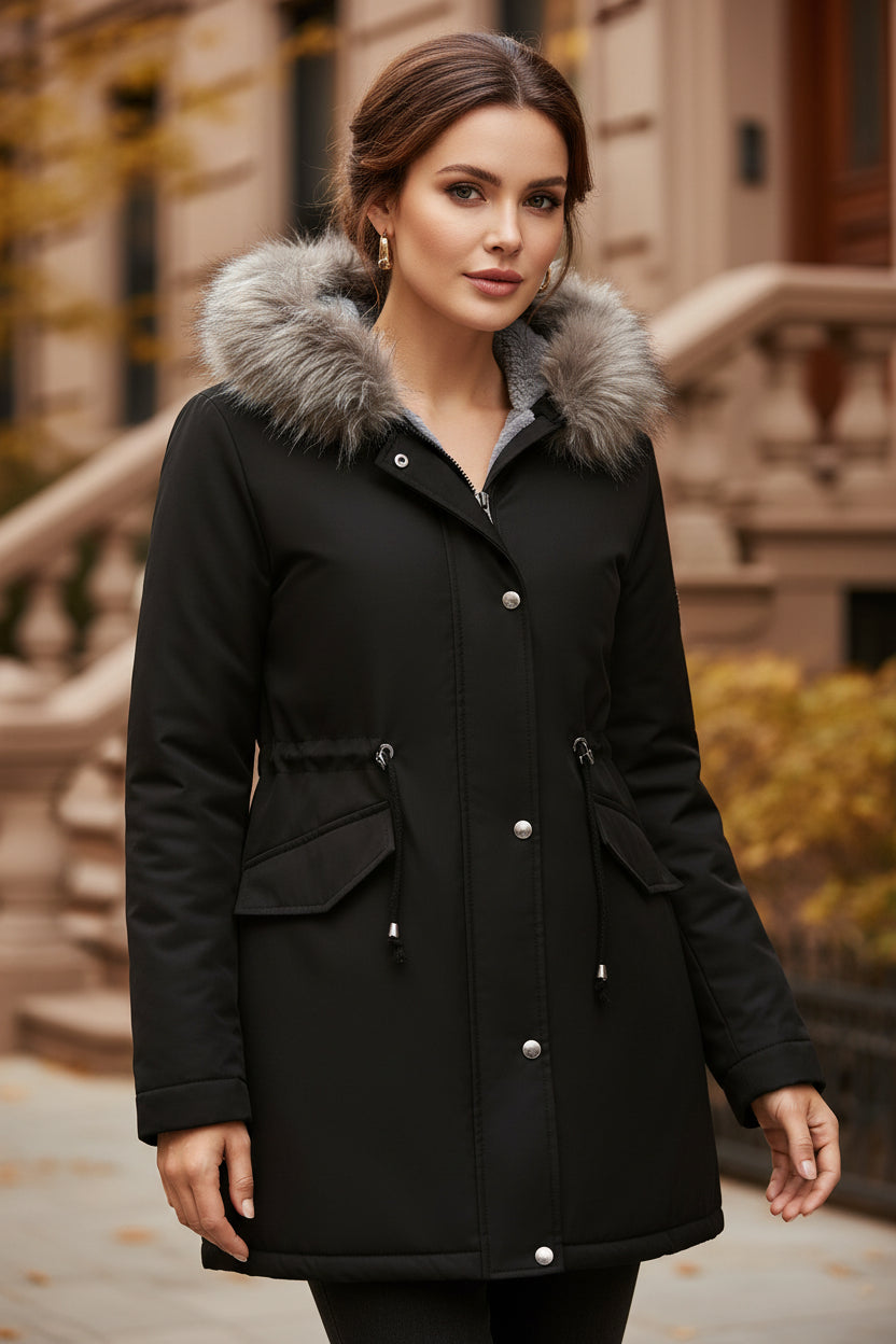 Women’s parka coat in black with faux fur trimmed hood and front snap closure