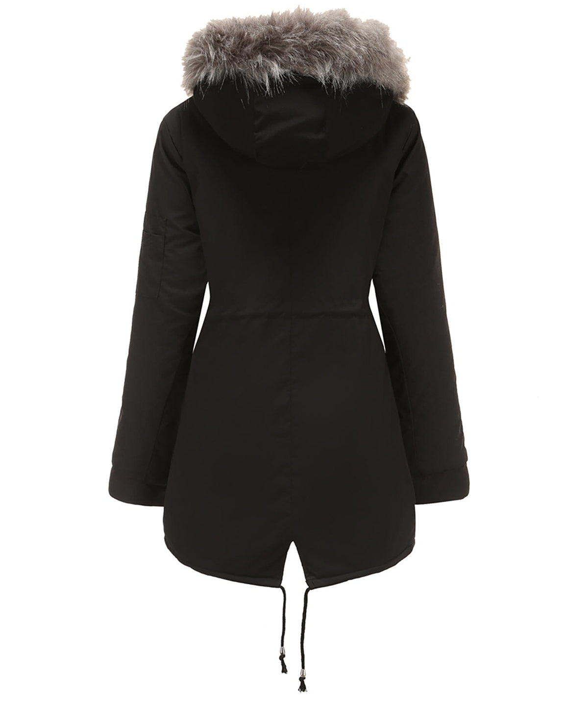 Women’s parka coat in black with faux fur trimmed hood and adjustable drawcord hem