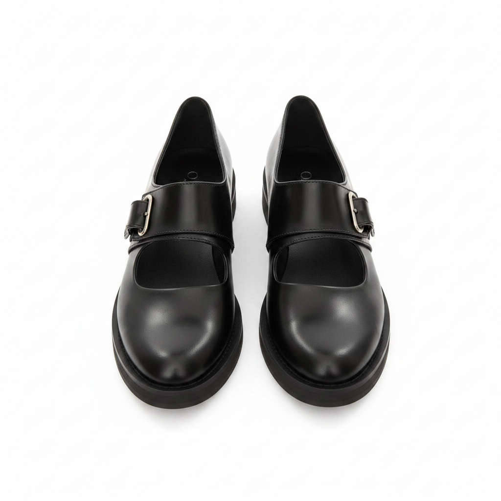 Women's black leather loafers with buckle strap, closed toe and low profile sole.