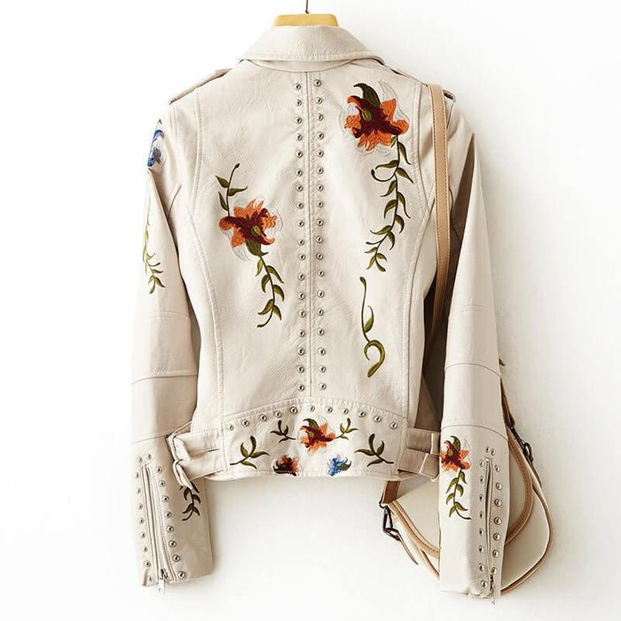 Pearl white leather retro floral jacket with studded placket and back embroidery