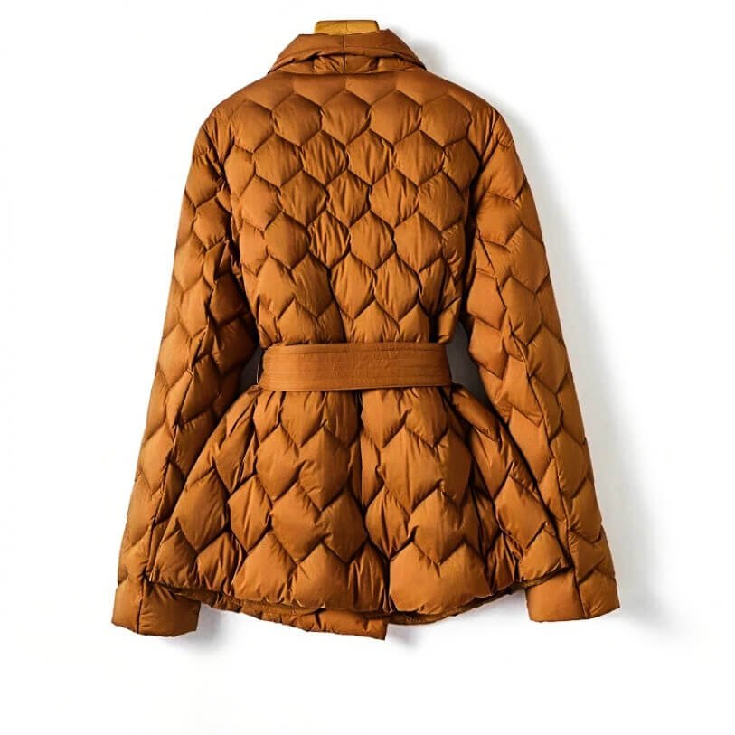 Quilted down coat, amber orange, belted waist, diamond stitch pattern, back view