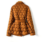Quilted down coat, amber orange, belted waist, diamond stitch pattern, back view