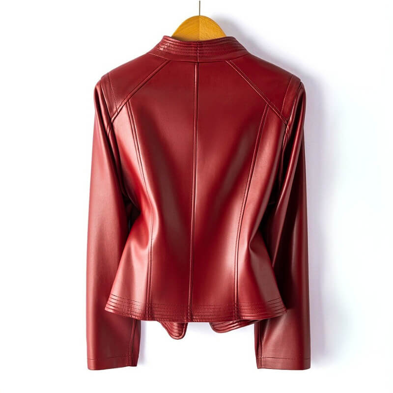 Crimson red leather jacket with stand collar and diagonal seams, cropped back view