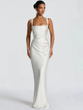 White satin halter maxi dress with square neckline, fitted column silhouette