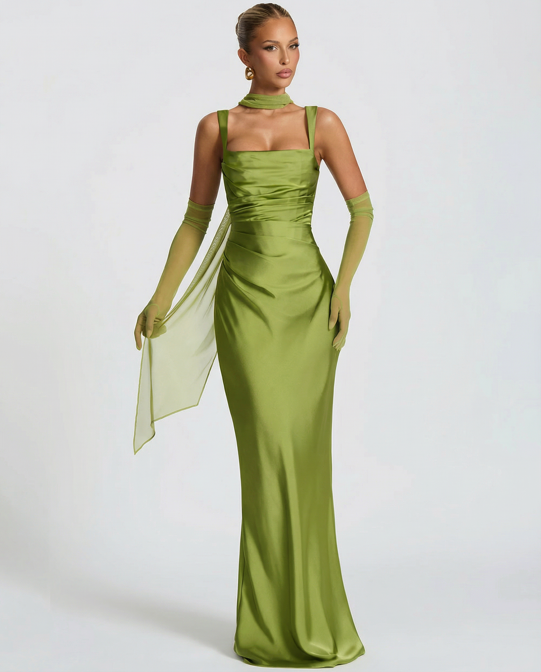 Satin green halter maxi dress with square neckline, fitted bodice and long skirt