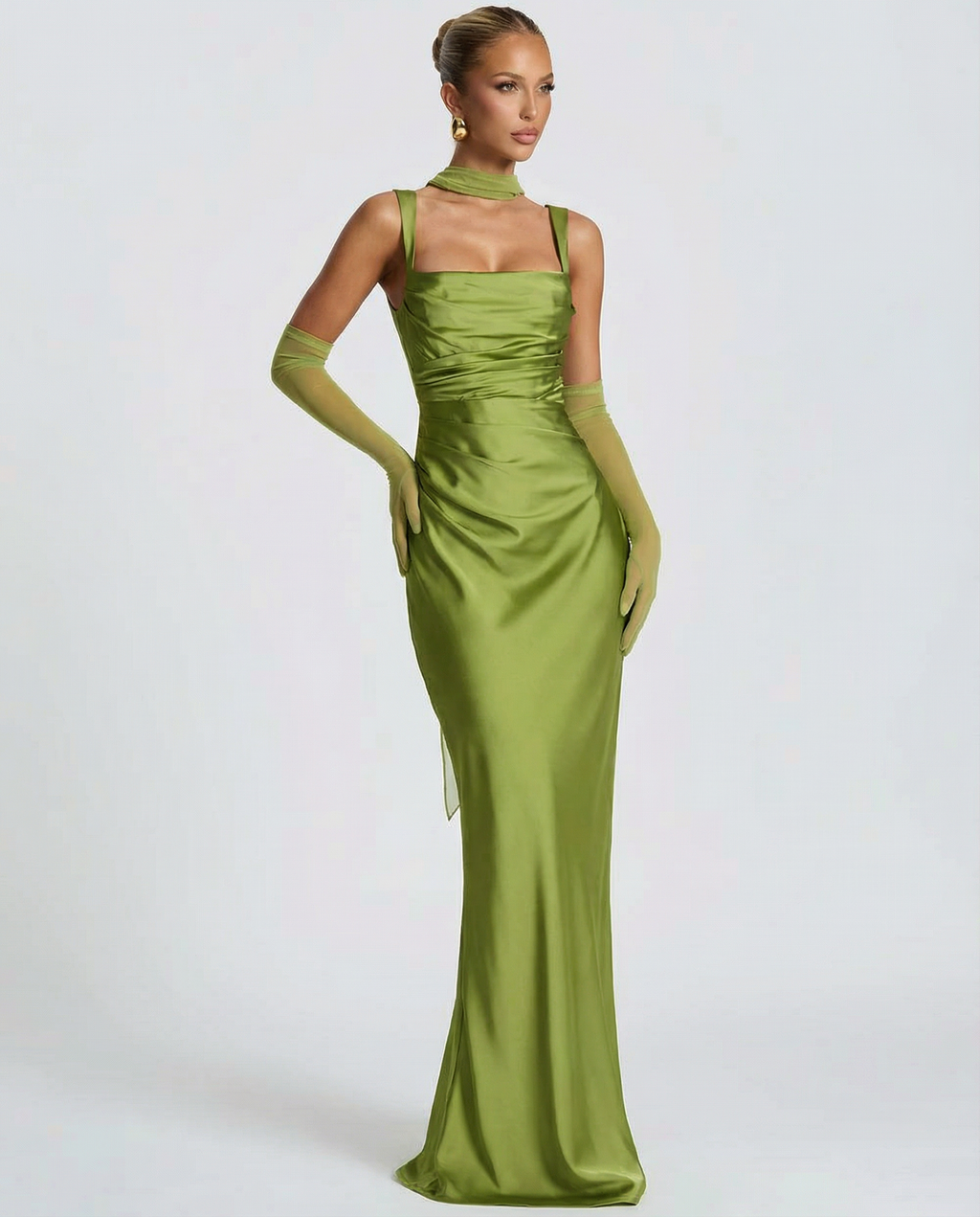 Satin green halter maxi dress with square neckline, ruched bodice and long skirt