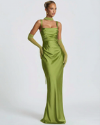 Satin green halter maxi dress with square neckline, ruched bodice and long skirt