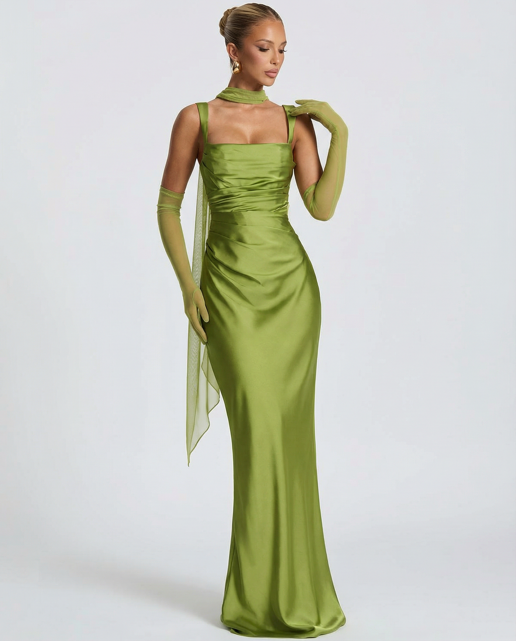 Satin green halter maxi dress with square neckline, ruched bodice and side drape
