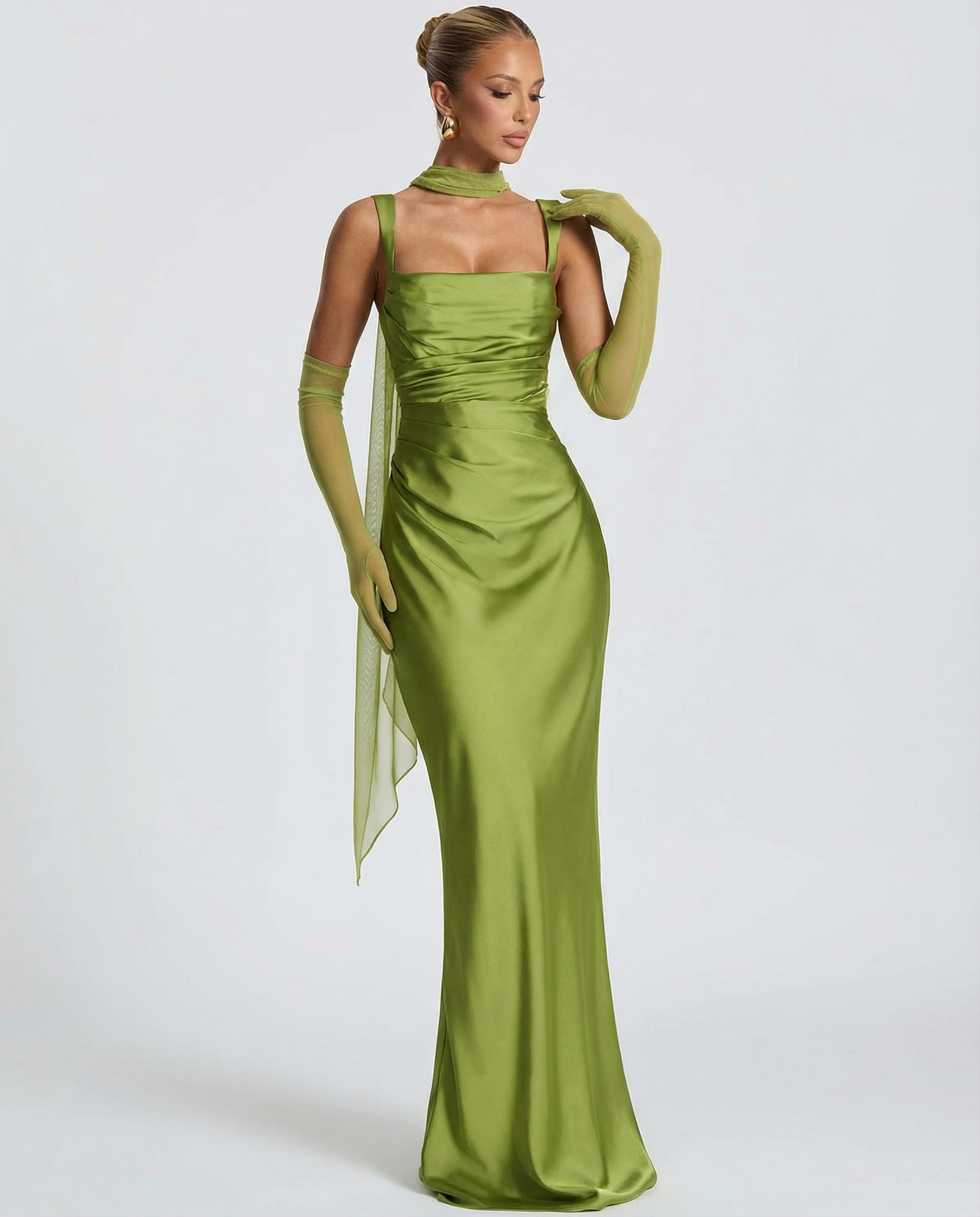 Satin green halter maxi dress with square neckline, ruched bodice and side drape