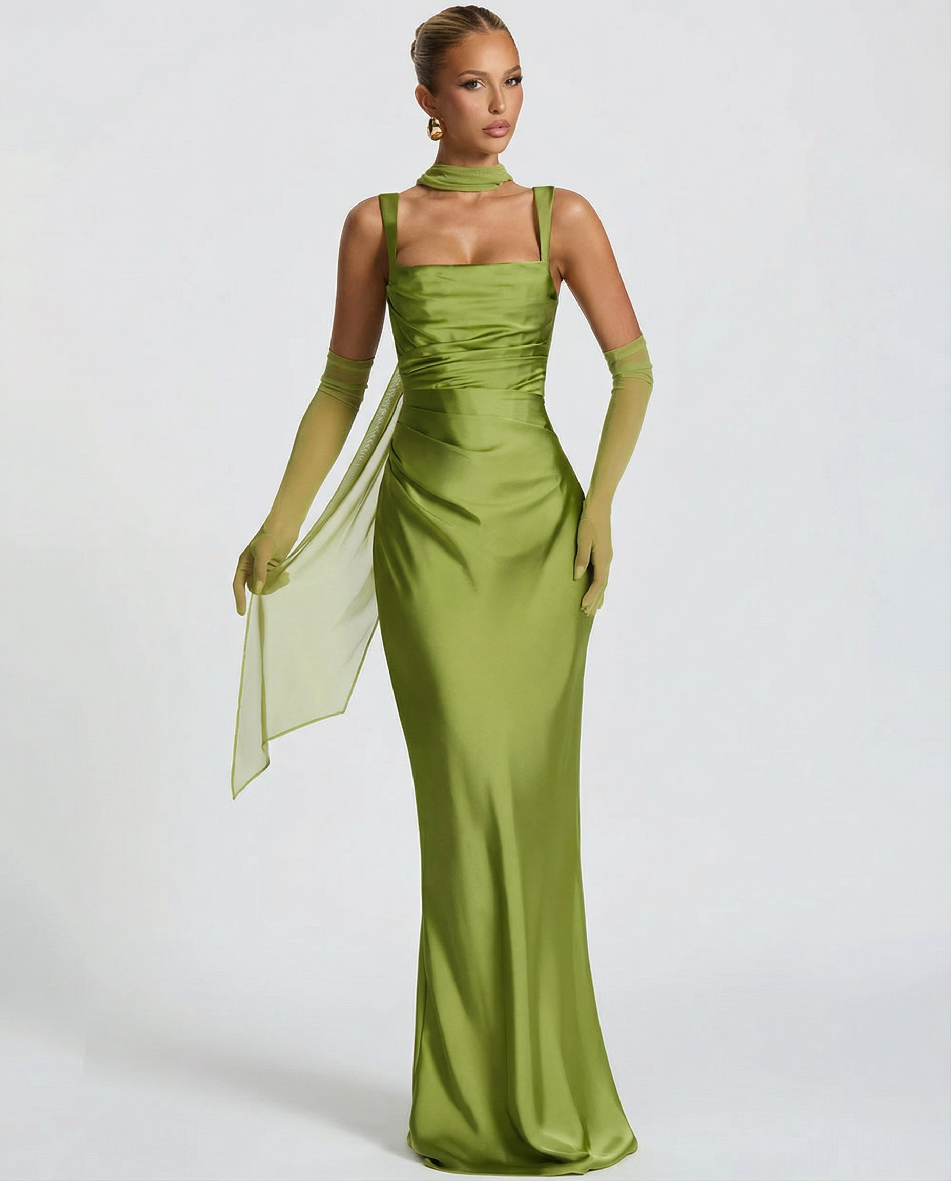 Satin green halter maxi dress with square neckline, fitted silhouette and long skirt