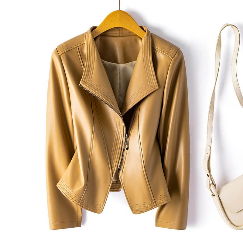 Warm beige leather moto jacket with stand collar and zip-front, front view on hanger