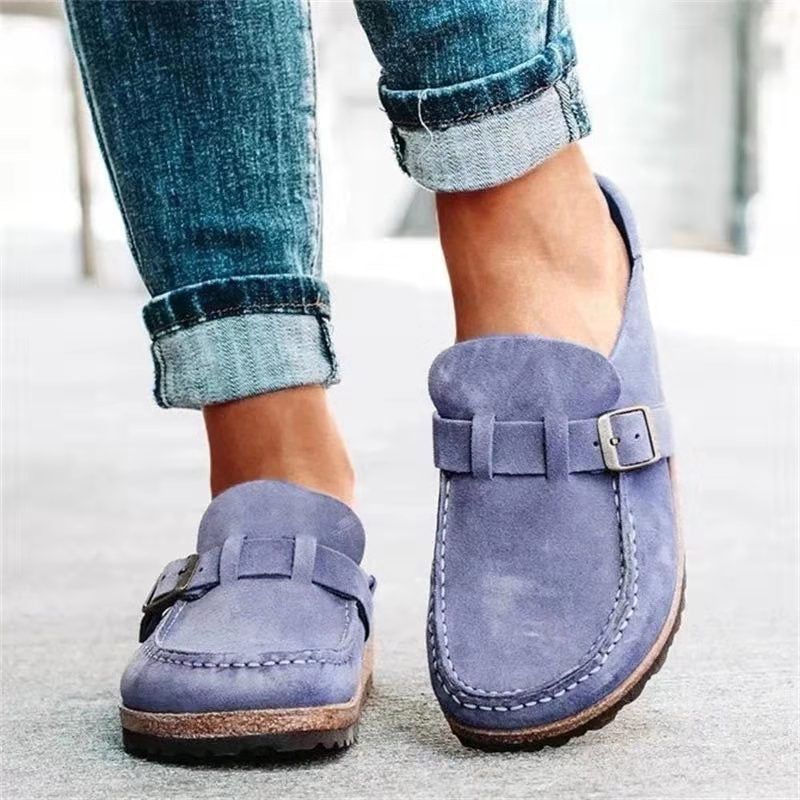 Lavender slip-on loafers with buckle strap and stitched moc toe