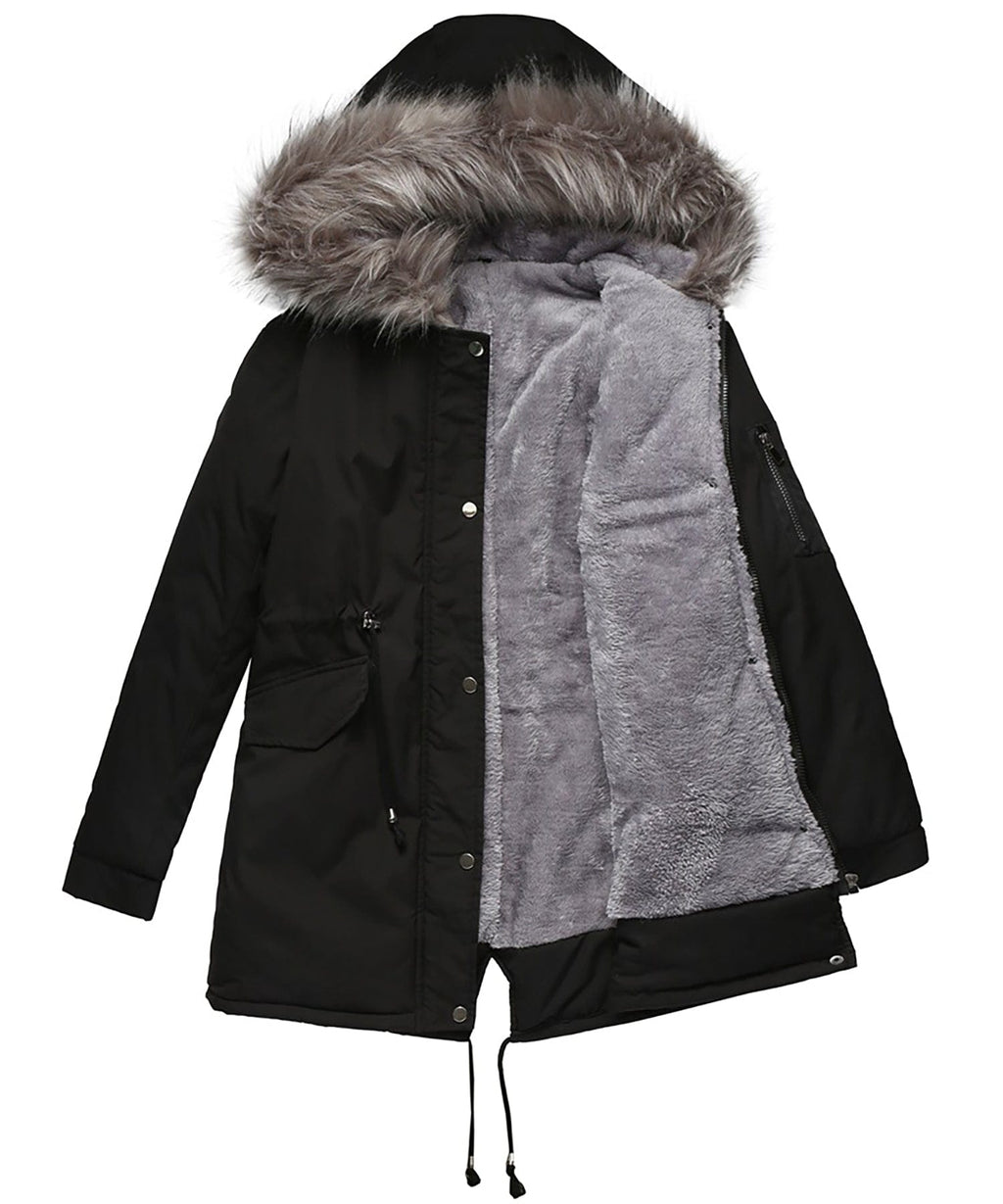 Women’s parka coat in black with sherpa-lined interior and faux fur trim hood