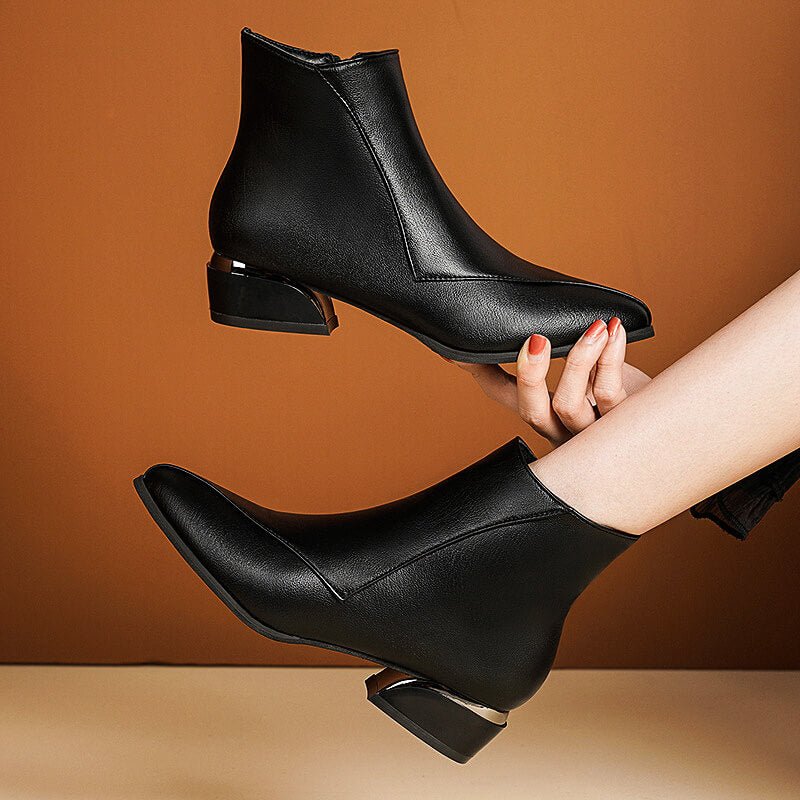 Black ankle boots with side zipper and low block heel